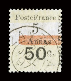 38, 1897 5a & 50c Red on straw, Yvert type IV, light c.d.s. postmark, uncommonly fresh, very fine an impressive example of this rare stamp signed A. Brun, Calves and others
(Yvert 46 Ç4,000).