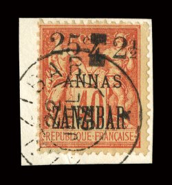 50, 1904 25c & 2 12a on 4a on 40c Red on straw, tied to piece by crisp c.d.s., deep color, fresh and fine only 150 printed and only known used signed Calves (Yvert 58
Ç1,000).