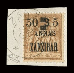 51, 1904 50c & 5a on 3a on 30c Brown on bister, tied to piece by light c.d.s., rich color, quite fresh, fine only 100 issued and all known examples are used signed Calves
(Yvert 59 Ç1,200).