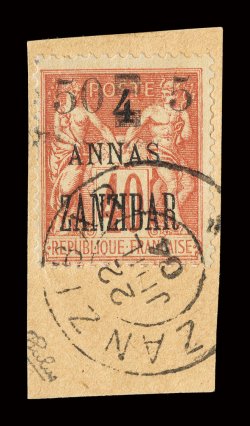 52, 1904 50c & 5a on 4a on 40c Red on straw, tied to piece by sharp c.d.s., deep rich color, fine only 100 printed and all known examples are used signed Calves (Yvert 60
Ç1,200).