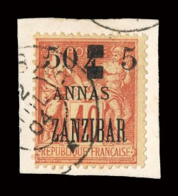 52, 1904 50c & 5a on 4a on 40c Red on straw, tied to piece by neat c.d.s., strong color, fine signed Dilliman (Yvert 60 Ç1,200).