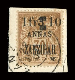 53, 1904 1Fr & 10a on 3a on 30c Brown on bister, tied to piece by light c.d.s., strong rich color, fine a very rare stamp, with only 50 printed and only known used signed
Dilliman (Yvert 61 Ç2,000).