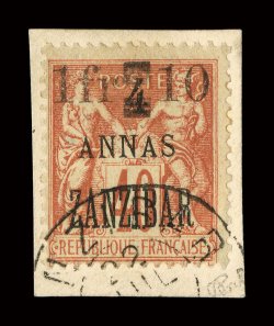 54, 1904 1Fr & 10a on 4a on 40c Red on straw, tied to piece by July 22 c.d.s., bright color, very fine rare and undervalued, as only 50 were issued and none are known mint
signed Calves, Roumet, Miro ex-Gibralter (Yvert 62 Ç2,000).