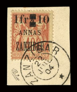 54, 1904 1Fr & 10a on 4a on 40c Red on straw, we have another example of this rarity, tied to piece by crisp c.d.s., deeply rich color, fine signed Calves (Yvert 62
Ç2,000).