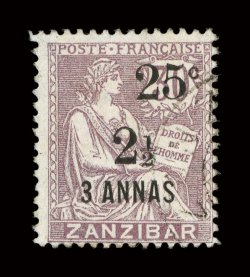 57, 1904 25c & 2 12a on 3a on 30c Lilac, used, very lightly cancelled at right, fresh color, minor thin spot, fine appearance clear 2000 Behr certificate ex-Gibralter (Yvert
65 Ç2,400).