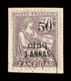 58, 1904 50c & 5a on 3a on 30c Lilac, tied to piece by a lightly struck c.d.s. at bottom, fresh color, nearly very fine quite scarce and not known mint 2000 Behr certificate
ex-Gibralter (Yvert 66 Ç1,400).