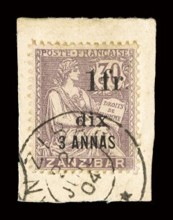 59, 1904 1Fr & 10a on 3a on 30c Lilac, tied to piece by July 22, 1904 c.d.s., bright color, very fine and very scarce only known used signed Dilliman and accompanied by a 2000
Behr certificate ex-Gibralter (Yvert 67 Ç2,000).