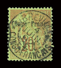 6, 1891 5c. Surcharge on 20c Red on green, used, well centered, strong colors, nicely struck Libreville c.d.s., very fine signed Calves and accompanied by his 1997 certificate
(Yvert 3 Ç475).