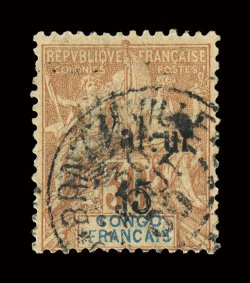 51, 1900 Valeur15 Surcharge on 30c Brown on bister, Libreville c.d.s., shallow thin spot, fine appearance a rarely offered stamp signed Champion, A. Brun (Yvert 26
Ç3,000).