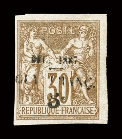 9, 1887 5c Surcharge on 30c Brown on yellow, ample to very large margins all around, strong rich color, full o.g., lightly hinged, very fine 1998 Calves certificate (Yvert 7
Ç1,600).