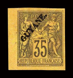 14, 1892 35c Black on orange, with Guyane. ovpt., unused left sheet-margin single, other margins also quite large, traces of o.g. (most examples are without gum) strong paper
color and impression, extremely fine rarely encountered in this out