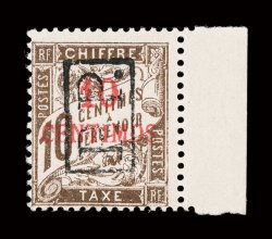 25, 1903 P.P. Boxed ovpt. on 10c Chocolate postage due, a remarkably fresh and pristine mint right sheet-margin single, beautiful rich color and a sharp impression on crisp
white paper, o.g., never hinged, trivial natural gum wrinkle, fine a