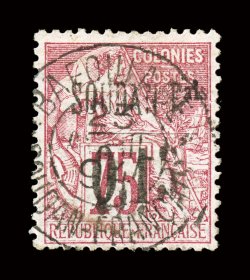 1, 1894 0,15 Surcharge on 75c Carmine on rose, used, bright color, better centering than typically found on this elusive stamp, c.d.s. postmark, tiny insignificant crease at
right, still very fine signed A. Brun, Calves (Yvert 1 Ç2,300).