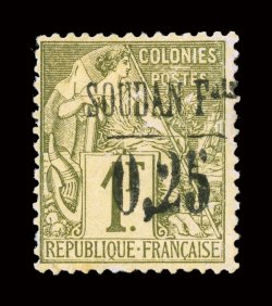 2, 1894 0,25 Surcharge on 1Fr Bronze green on straw, fresh mint example of this rarity, strong color, full o.g., minor h.r., light horizontal bend at bottom, fine signed
Calves (Yvert 2 Ç5,000).