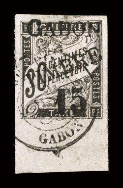 12, 1889 Timbre 15 Surcharge on 30c Black postage due, a used bottom sheet-margin single, other three margins large and even, strong impression, neatly cancelled by a
Libreville c.d.s., faint diagonal crease in the far bottom left margin (coul