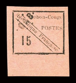 14, 1889 15c Black on rose, an extraordinarily choice bottom sheet-margin single, other margins extra-large and even, wonderfully bright and fresh, full original gum, tiny
natural paper thin speck (a normal occurrence on this issue), extremely f