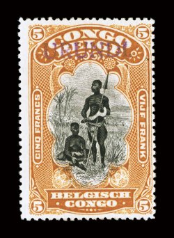 N16, 1916 5Fr Ocher and black, with URUNDI handstamp, unused, strong rich colors and crisp impressions, a fine example of this rarely offered stamp signed H. Bloch and
accompanied by a 1966 Commission Belge dExpertise certificate.