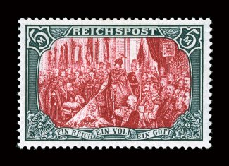 65, 1900 5M Slate and carmine, without the retouch, beautifully centered, deep intense colors and impressions, full o.g., lightly hinged, extremely fine a highly select
example of this scarce stamp signed Brettl and accompanied by a 1983 Hochs