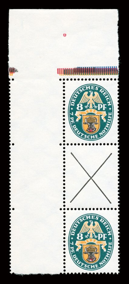 Michel S55, 1929 8pf + 7pf se-tenant strip of three with X in middle, top left corner margin strip, bright and fresh, o.g., n.h., very fine.
