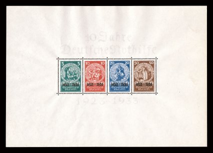 B58, 1933 Nothilfe souvenir sheet, bright colors, fresh except for the barest trace of staining at right (certificate etwas fleckig), o.g., never hinged, very fine 2004 H.D.
Schlegel certificate as noted above (Michel Block 2 Ç7,000).