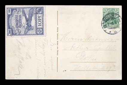 Michel 5, 1912 10pf Gotha-Erfurt semi-official air post, single cancelled by the usual autograph facsimile and used on flown picture postcard, with 5pf Germania cancelled by
25.7.12 Erfurt c.d.s., very fine.