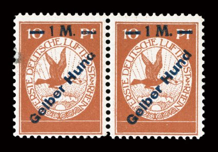 Michel IVF, 1912 1M on 10pf Brown orange, with Huna instead of Hund, in horizontal pair with the normal stamp, rich color, o.g., never hinged, the error stamp with small stain
at left, fine-very fine appearance a very scarce error.