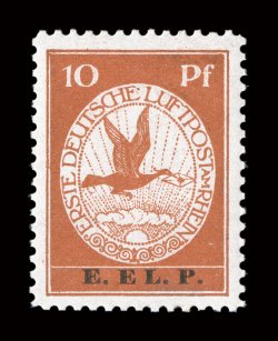 Michel V-VI, 1912 10pf and 20pf Brown orange with E.E.L.P. overprint, exceptionally fresh, with strong rich colors, the key 10pf is extraordinarily well centered, o.g., never
hinged, very fine.