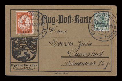 Michel V, 1912 10pf Brown orange with E.E.L.P. overprint, well centered single tied by Darmstadt 22.6.12 special flight pmk. on flown card, 5pf Germania tied by the same
cancel, card with trivial mounting crease in the top right corner, very f