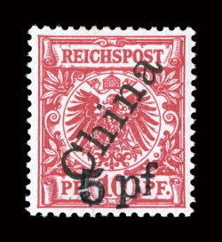 16, 1898 5 pf on 10pf Carmine Foochow provisional, excellent centering, deep vibrant color on fresh paper, o.g., lightly hinged, choice very fine signed Kohler (Michel 7I
Ç700).