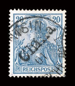 20, 1900 20pf Ultramarine with Tientsin China provisional overprint, used, cancelled by Tientsin 8-2-01 c.d.s., well centered, fresh color and paper, very fine and scarce
signed H. Bloch (Michel 11 Ç1,200).