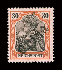 21, 1900 30pf Orange and black with Tientsin China provisional overprint, brilliantly rich color, full o.g. with just a slight bit of album adherence on gum, a very fine
example of this rarity signed several times including Friedemann, Thier