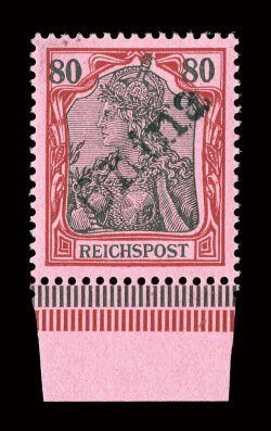 23, 1900 80pf Lake and black, Tientsin provisional handstamped China, a remarkably choice bottom sheet-margin single, being wonderfully well centered and with deep prooflike
colors and impressions, fresh clean o.g., lightly hinged, extremely f