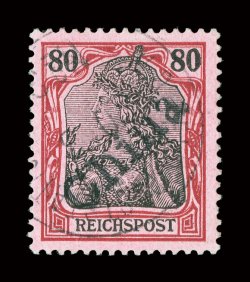 23, 1900 80pf Lake and black, Tientsin provisional handstamped China, lovely used example, cancelled by K.D. Feld-Poststation No. 3 dated 203, beautiful color that is
especially deep and intense, well centered, very fine signed Thier, Schles