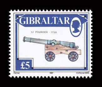 520 var., 1987 £5 Guns and Artillery error of design, vignette is of 12 pounder - 1758 which should be on the 22p denomination in the set, o.g., n.h., very fine an amazing new
discovery not yet listed in Gibbons (S.G. 581 var.).