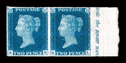 2, 1840 2p Blue, an incredibly rare unused right sheet-margin horizontal pair with partial imprint, other margins quite ample, deep luxuriant color and an especially intense
impression on fresh white paper, horizontal crease, certificate men