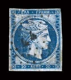 10, 1861 20l Dark blue on bluish, Athens print, margins all around ranging from full to close but clearing at top, rich color, trivial soiling, few pressed out creases that
result in a couple tiny surface scuffs at top, still a highly collectabl