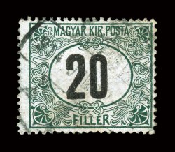 J25a, 1914 20f Green and black postage due, vertical watermark, used, lightly cancelled, faint trace of a horizontal bend, fine a seldom offered stamp clear 1993 Orban
certificate (Michel 32X Ç1,400).