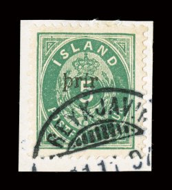 33, 1897 3a on 5a Green, large prir surcharge, tied to piece by Reykjavik c.d.s., well centered, strong bright color, very fine ex-Cole (Facit 37 SK 6,500).