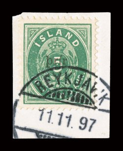 33A, 1897 3a on 5a Green, small prir surcharge, tied to piece by Reykjavik c.d.s., lovely fresh color, well centered, very fine 1966 Gronlund certificate (Facit 36 SK
4,500).