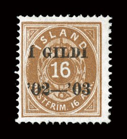 65, 1902-03 16a Brown, black overprint, perforated 14x13 12, strong rich color, o.g., fine 1986 Nielsen certificate (Facit 40 SK 13,000).