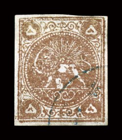 39, 1878 5K Violet bronze, used, four ample to mostly large margins, fresh color and a strong impression, light and unobtrusive blue cancel, miniscule hidden repair at top
right, very fine appearance despite the trivial repair, it is a desirabl