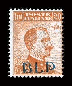 B6, 1921 20c Brown orange, with blue B.L.P. overprint, strong rich color, full o.g., light h.r., fresh and fine 1987 APS certificate (Sassone 2 Ç2,200).