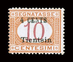 J5, 1918 4 CentsTientsin surcharge on 10c Buff and magenta, strong color, o.g., minor h.r., just a faint trace of gum toning, fine clear 2003 Colla certificate (Sassone 55
Ç6,000).