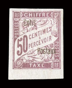 Q3, 1903 50c lilac, with ColisPostaux ovpt., large margins all around including a sizable sheet margin at bottom, rich color, o.g., minor h.r., trivial natural gum crease
mentioned only for accuracy, extremely fine a very rare stamp, especia
