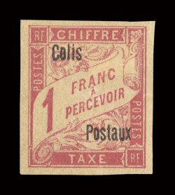Q4, 1903 1Fr Rose on buff, with ColisPostaux ovpt., four large margins, strong color, o.g., trivial h.r., very fine quite rare and seldom offered 1998 Behr certificate (Yvert
CP4B Ç4,000).
