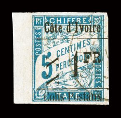 Q9, 1903 1Fr on 5c Blue, with Colis Postaux ovpt., used left sheet-margin single of this very rare parcel post stamp, other margins full to large, exceedingly fresh, light
c.d.s. cancel, very fine signed Calves (Yvert 7d Ç4,000).