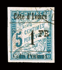 Q10, 1903 1Fr on 5c Blue, with Colis Postaux ovpt., used, large even margins all around, bright fresh color and paper, light c.d.s. confined to the top right corner, shallow
thin, very fine appearance signed Calves (Yvert CP7e Ç3,200).