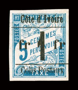 Q13, 1903 fr 1 fr surcharge on 5c Blue, with Colis Postaux ovpt., a lovely mint example of this very rare stamp, four large balanced margins, exceptionally fresh color on
bright white paper, part o.g., very fine 1995 APS certificate (Yvert