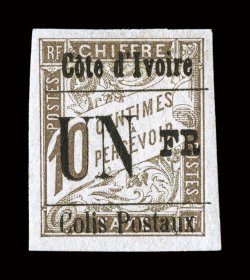 Q19, 1903 UN FR surcharge on 10c Gray brown, Ty. VIII ovpt., large margins all around, rich color, full original gum, minor natural gum crease at bottom right mentioned for
accuracy, choice very fine a handsome example of this rare stamp, whi