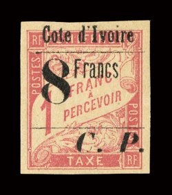 Q36, 1905 8 Francs surcharge on 1 Fr Rose on buff, four large margins, strong rich color, o.g., very fine only 100 printed signed H. Bloch (Yvert CP22 Ç780).